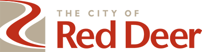 The City of Red Deer logo with the Red Deer River running through the left of the logo.