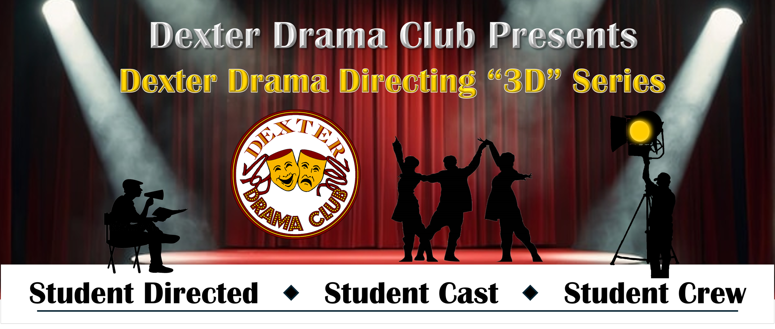 Silhouettes of actors performing on stage with a red curtain backdrop and the 'DePauw Drama Club' logo in the center, featuring comedy and tragedy masks.