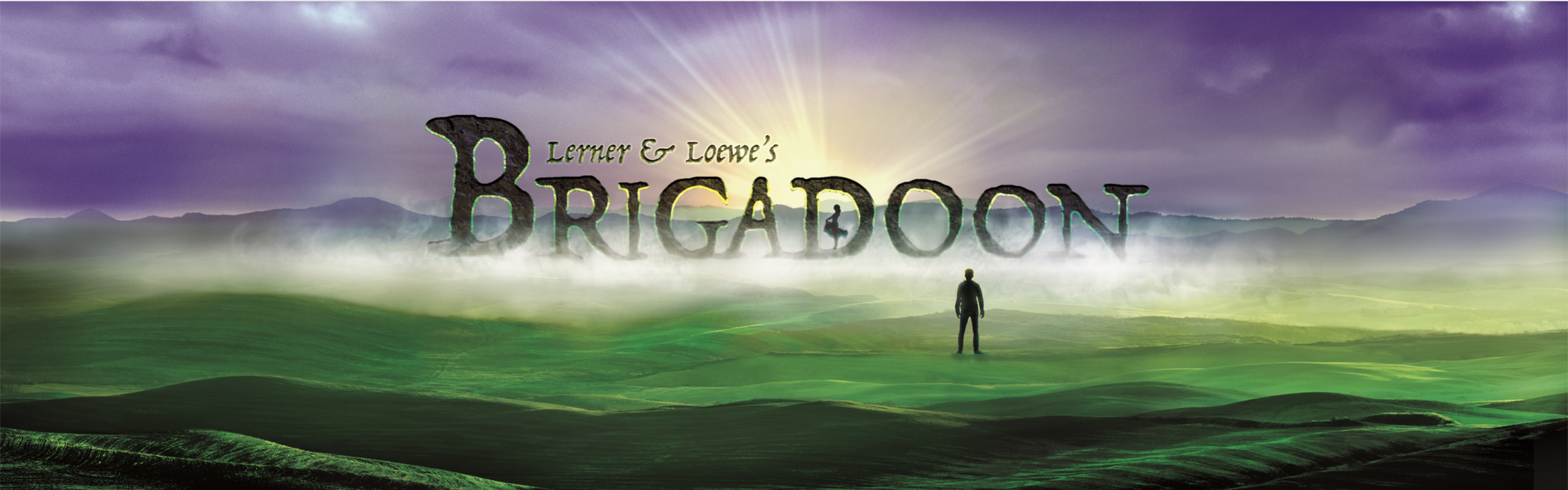 A digitally created fantasy landscape with purple and green skies, rolling green hills, and mountains in the distance. Large stone letters spell out 'BRIGADOON' with a person standing in front, and a smaller person sitting on one of the letters.