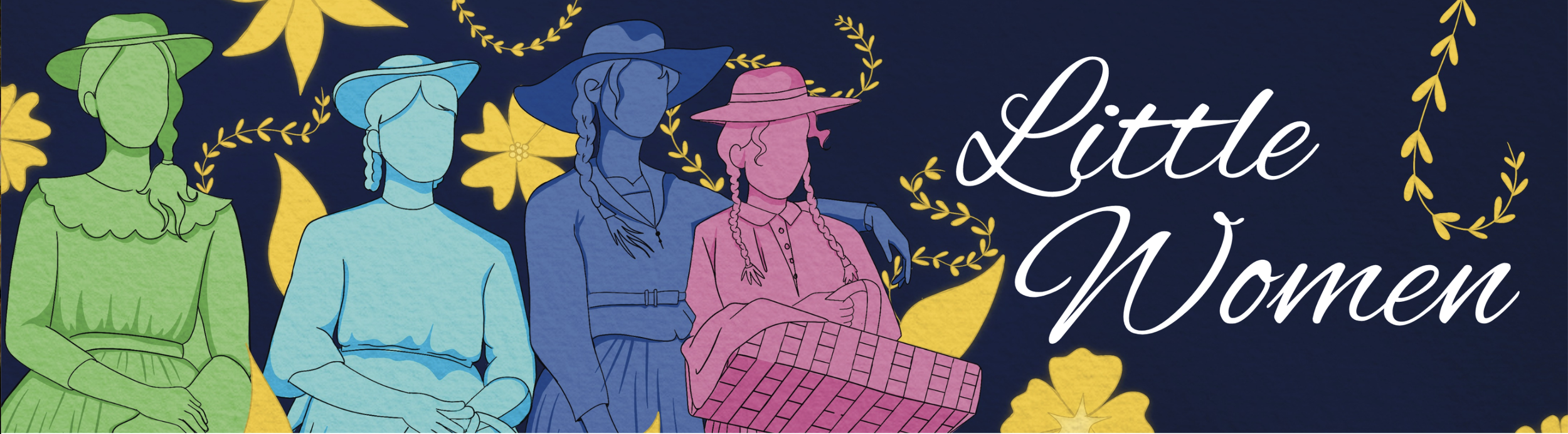Illustration of four women dressed in vintage clothing, with floral and leafy decorations, and the text "Little Women" written in cursive.