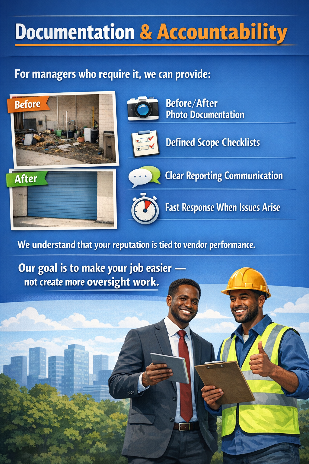 Documentation and accountability for Chicago property managers: before-and-after photos, defined scope checklists, clear reporting, and fast issue response.