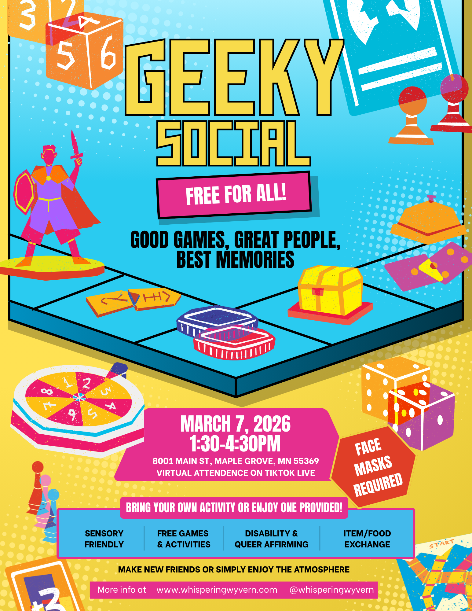 Retro styled flyer with cyan, yellow and magenta coloring. Multiple different games pieces are scattered throughout including pawns, knight, treasure chest and dice.