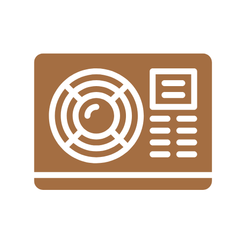 Illustration of a radar or radio receiver with a display panel in beige and black colors.