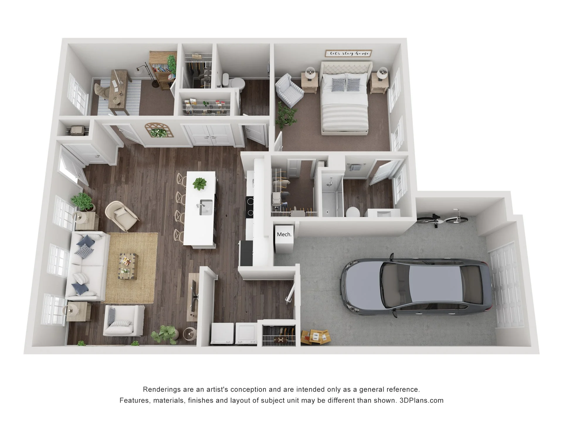 3D floor plan of a single-story house showing living room, kitchen, bedroom, bathroom, laundry, closet, and garage with a car inside.