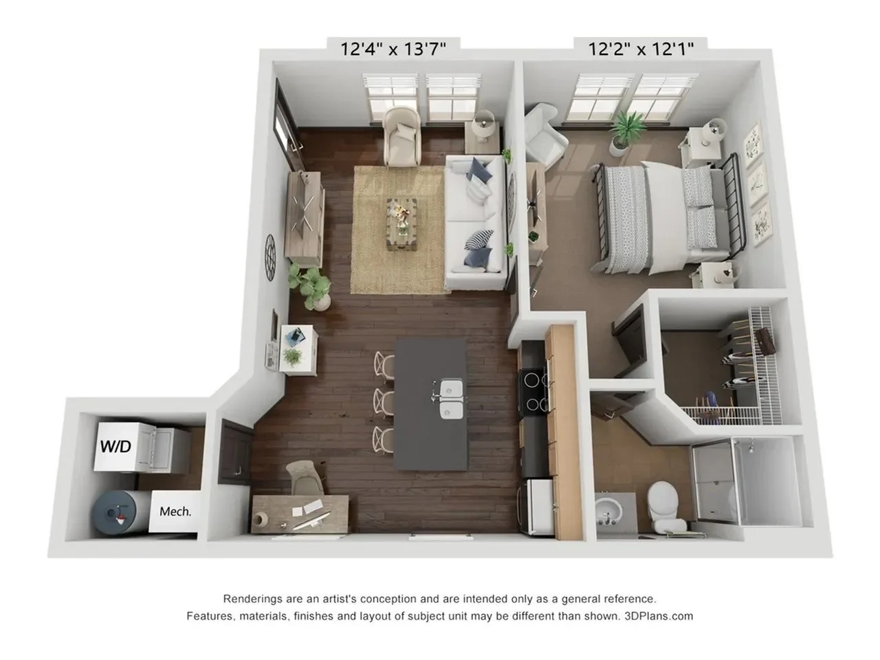 Floor plan of a one-bedroom apartment with a living room, kitchen island, bathroom, walk-in closet, and mechanical room.