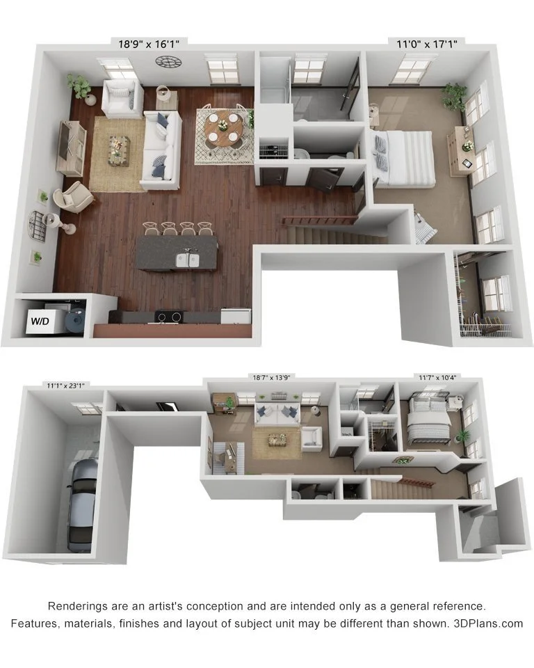 2D and 3D floor plans of a two-story residential apartment with living room, dining area, kitchen, bedroom, bathroom, and garage.