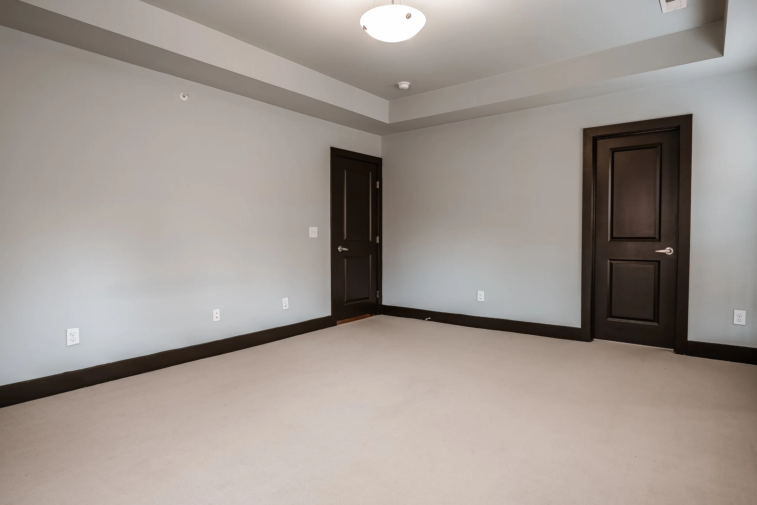 Empty room with beige carpet, light gray walls, two dark brown doors, and ceiling light fixture.