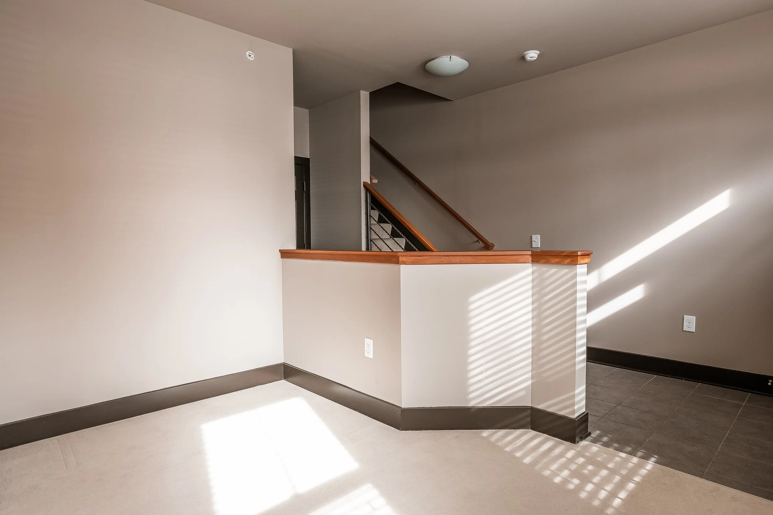 Empty room with neutral walls, black trim, beige carpet, and a staircase with wooden handrail and metal balusters in the background, illuminated by sunlight through window blinds.