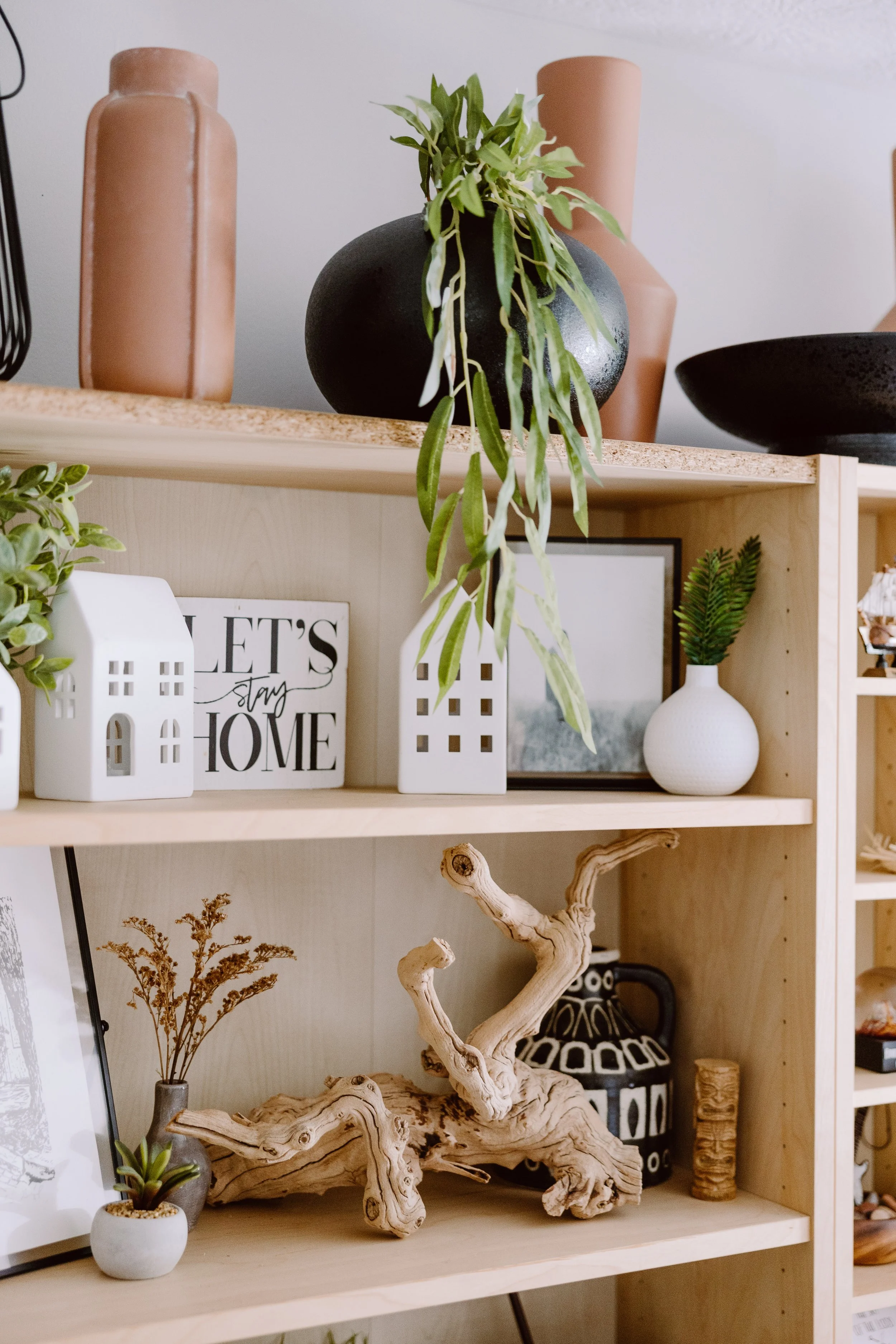 Decorative shelves with various home decor items including vases, framed artwork, and plants, featuring a large piece of driftwood on the bottom shelf.