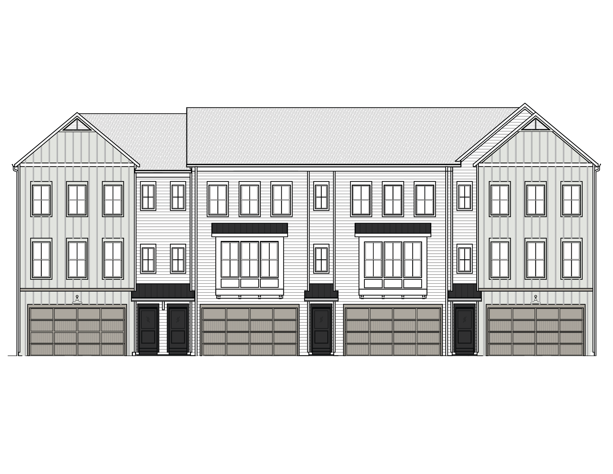 Architectural drawing of a multi-family residential building with three sections, each with a garage on the ground level, multiple windows, and gabled roofs.
