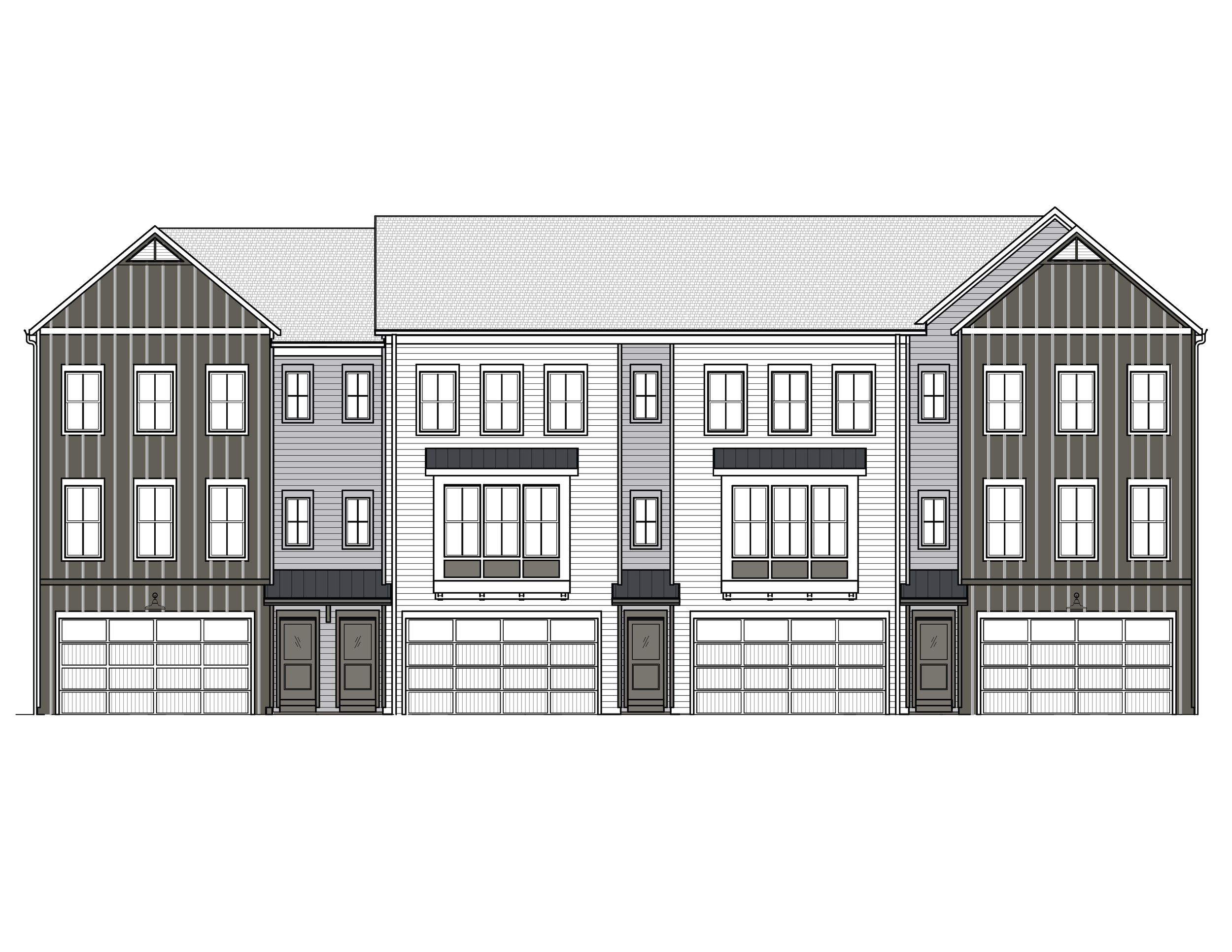 A digital architectural drawing of a row of three modern townhouses with three floors, each featuring a garage on the ground level, large windows, and a peaked roof with a combination of vertical and horizontal siding.