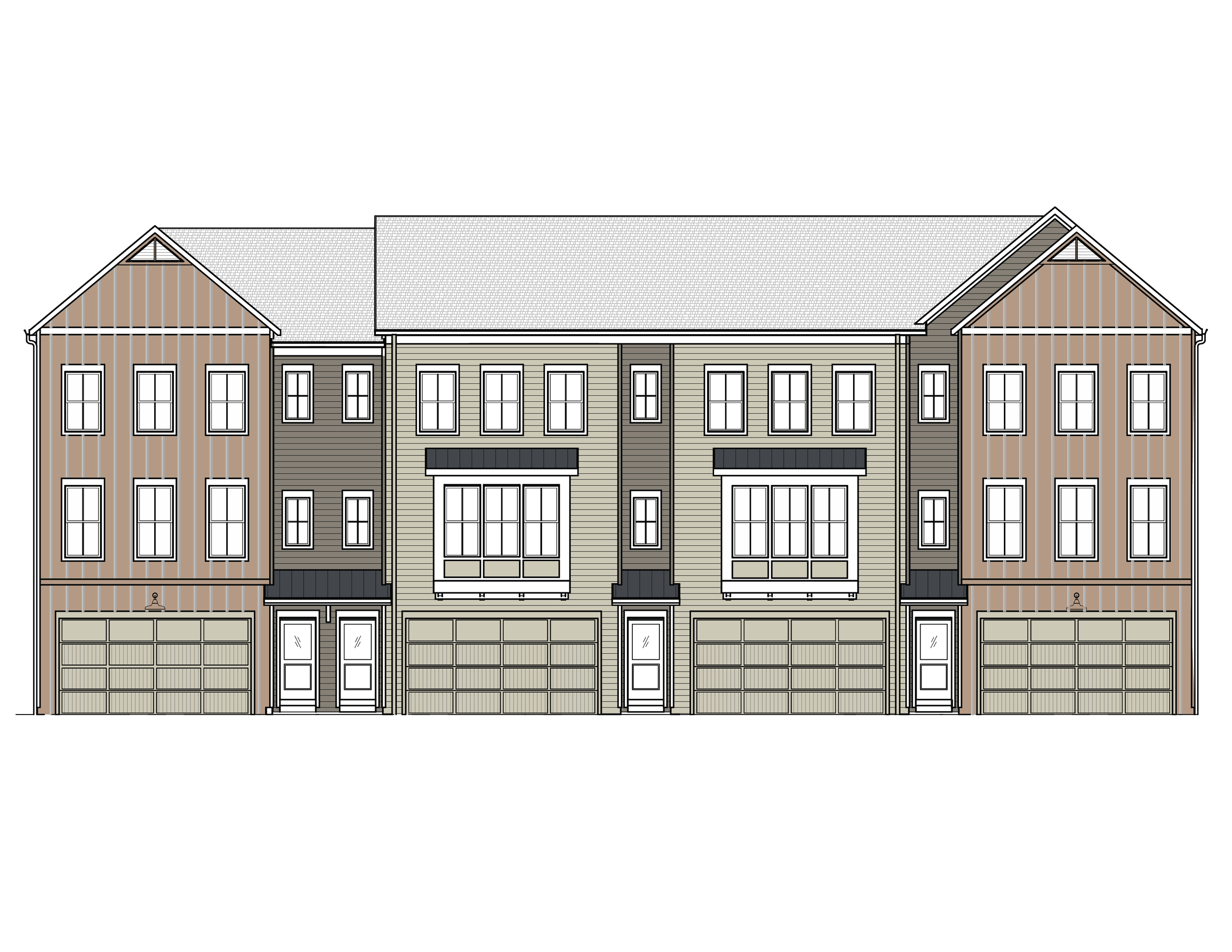 A digital illustration of a multi-unit residential building with three stories, featuring garages on the ground floor, and various windows and balconies on the upper floors, with a pitched roof.