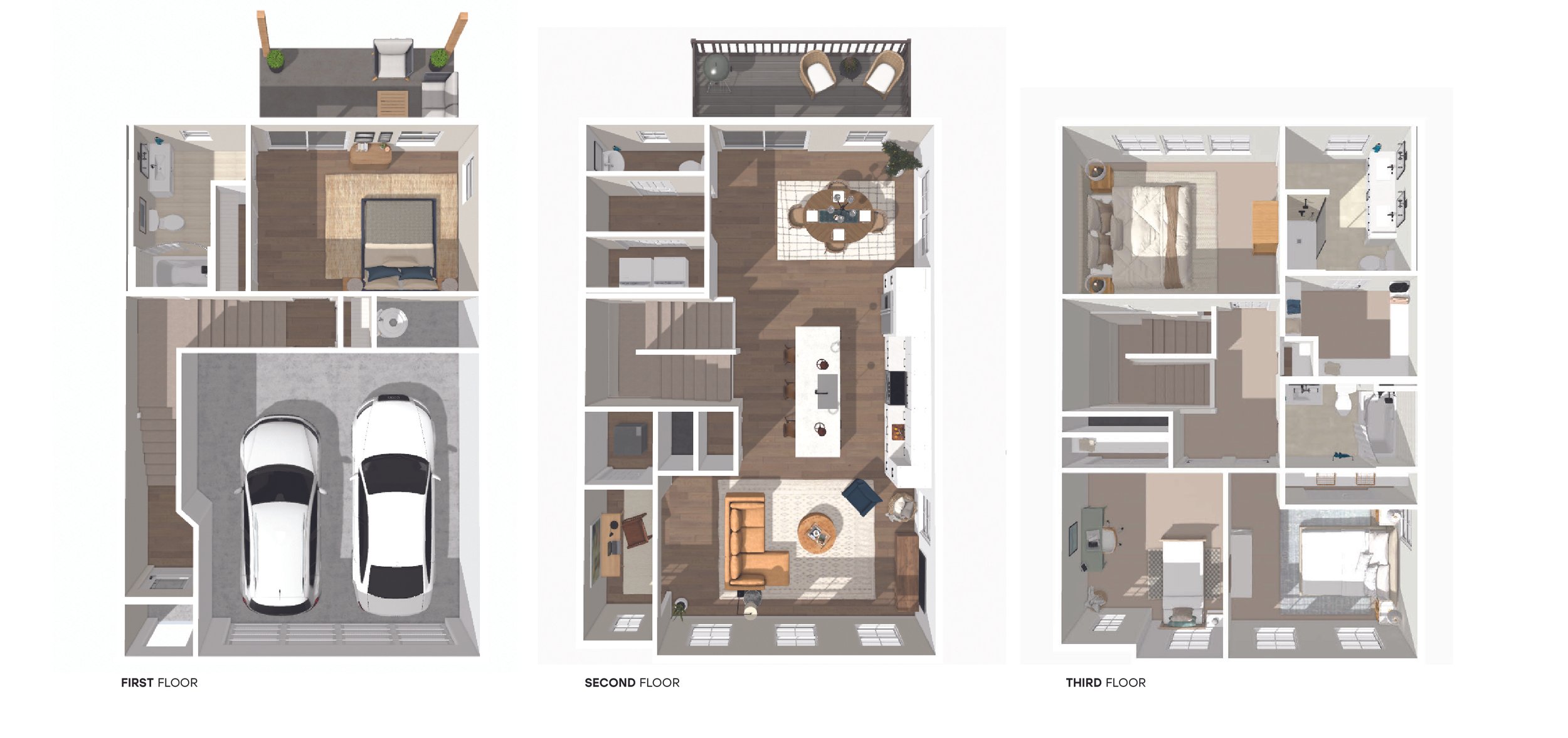 Floor plan of a three-story house showing the layout of each level, including a garage, bedrooms, bathrooms, kitchen, living areas, and outdoor balcony.