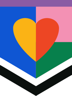A colorful shield with a yellow heart in the center, divided vertically with blue and pink backgrounds on the top, and green on the bottom.