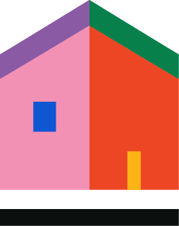 Colorful abstract geometric shapes with a pink and orange background and blue and yellow accents