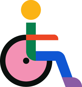 Abstract illustration of a person in a wheelchair with a yellow circle for a head, green body, red arm, blue leg, purple shoe, and a pink wheel.