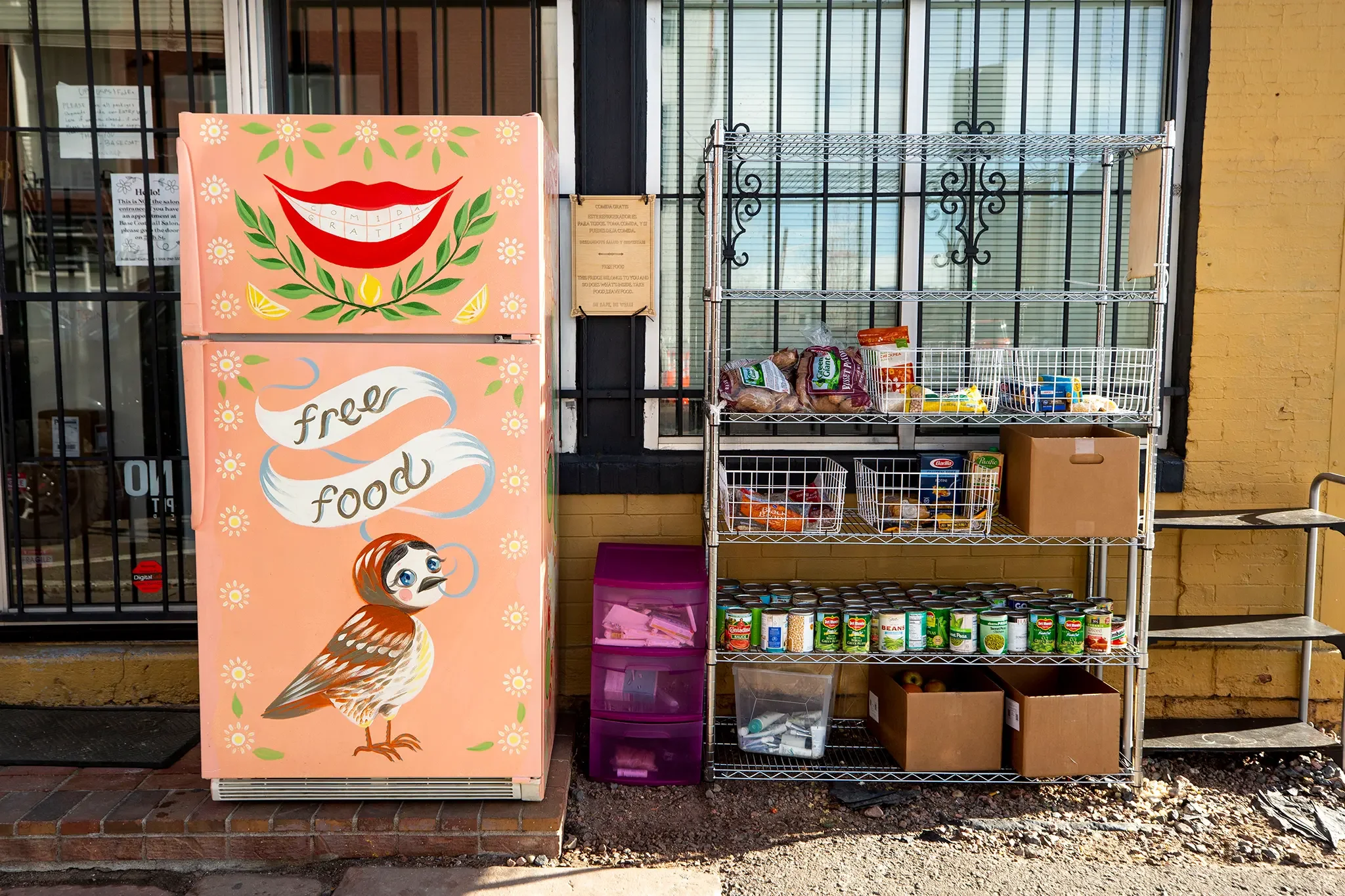 An outdoor community food pantry with a pink refrigerator decorated with a smiling mouth, leaves, flowers, and a bird, signifying free food. Next to it, a metal shelving unit contains canned goods, boxed food, and bags of produce. There's a small pur