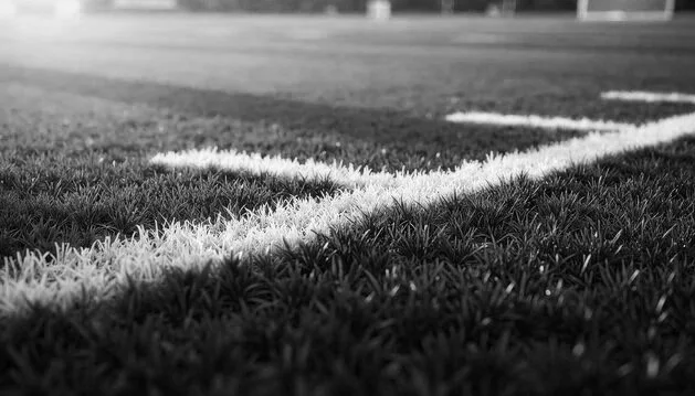 Close-up of a soccer field's sideline in black and white, showing the boundary line and grass.
