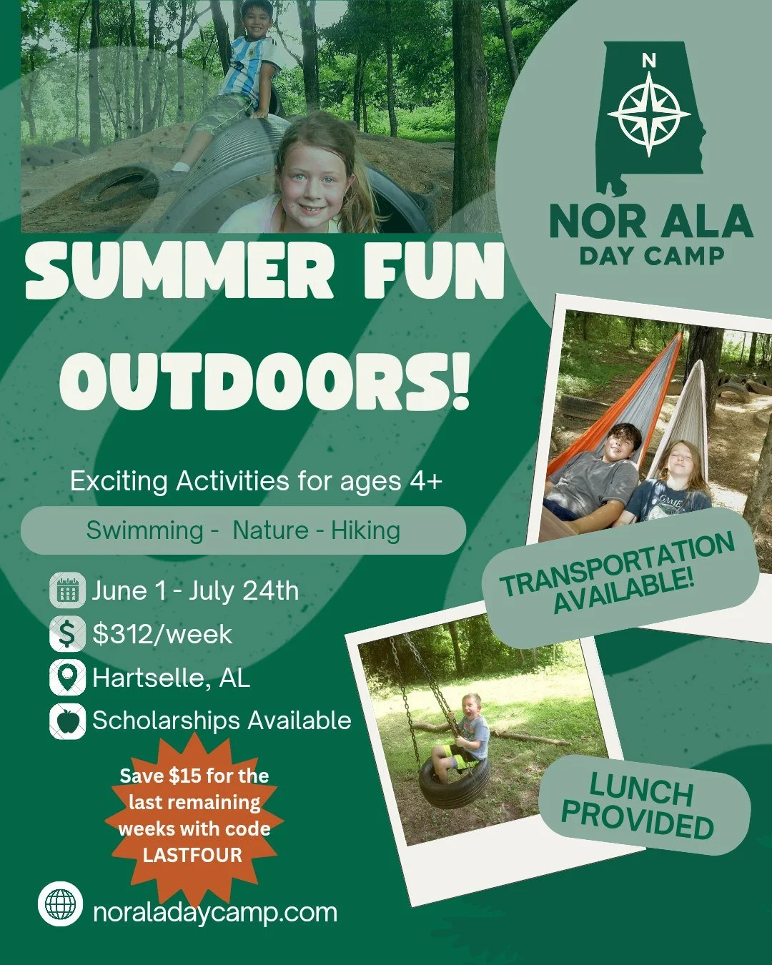 Still needing something for the kids to do with the last couple weeks of summer?

Send them to Nor Ala Day Camp!  We've had so much fun already this summer, with more to come.

Use code LASTFOUR to get $15 off any of the remaining weeks.
noraladaycam