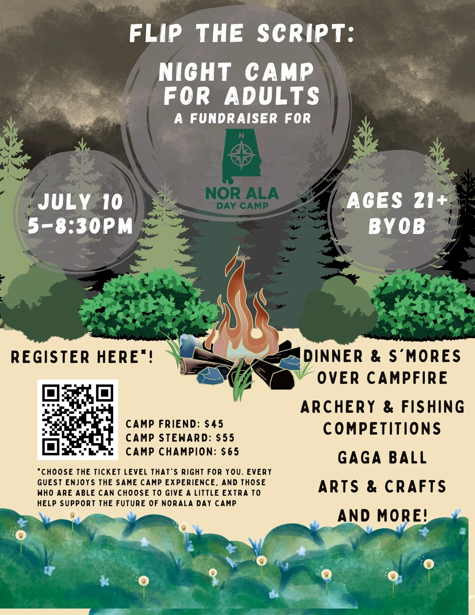 Join us FRIDAY!  For an Adult's Only Evening at Camp!

July 10th
5-8:30pm
$45 ahead of time, $65 at the door

Hot dogs &amp; S'mores included!

noraladaycamp.com/adultnight