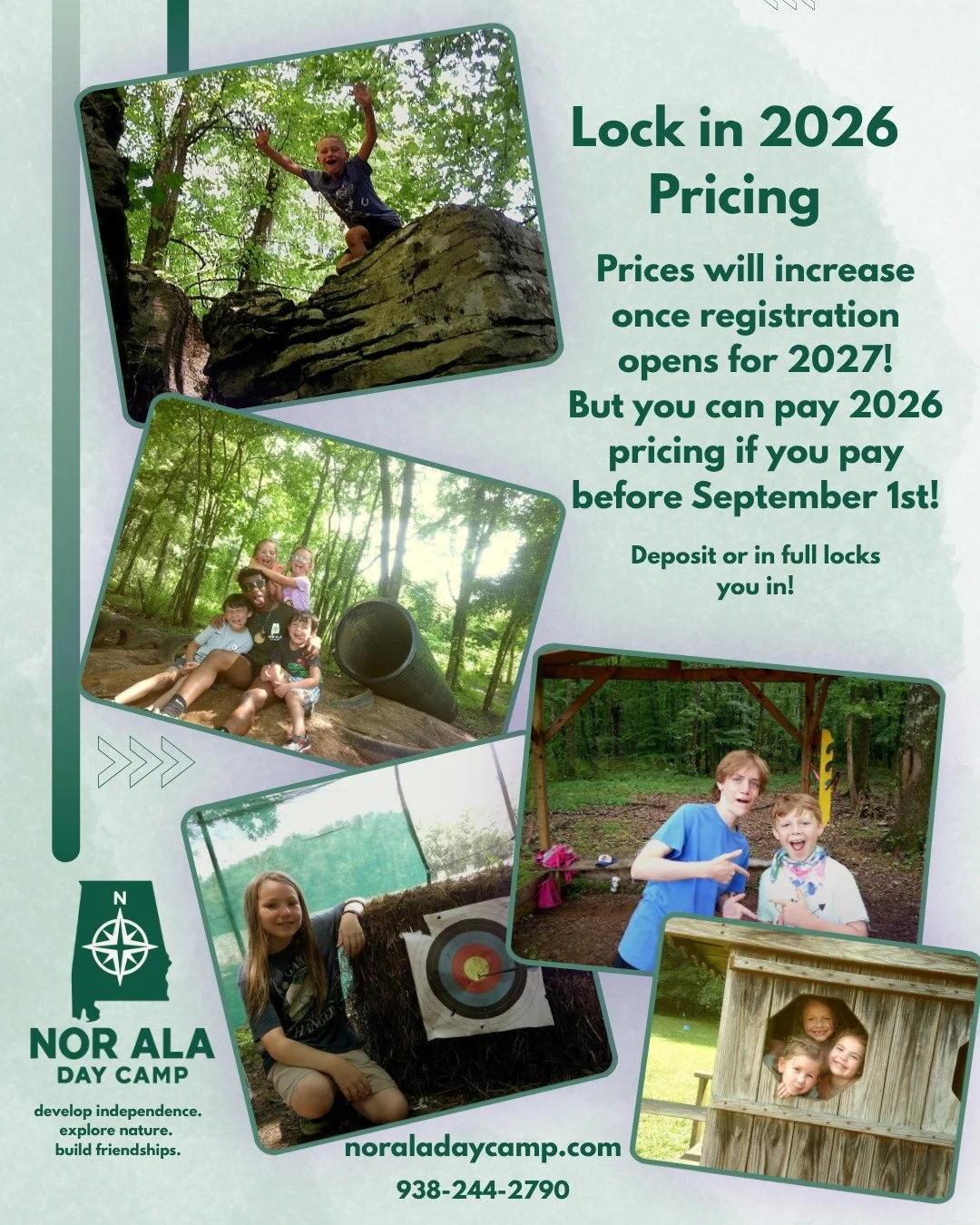 Summer may be over for this year, but why not guarantee next year?

Prices for camp will be increasing for the 2027 season, but you have a chance to lock in 2026 pricing until September 1st.

No need to select your dates, simply pay for camp (deposit
