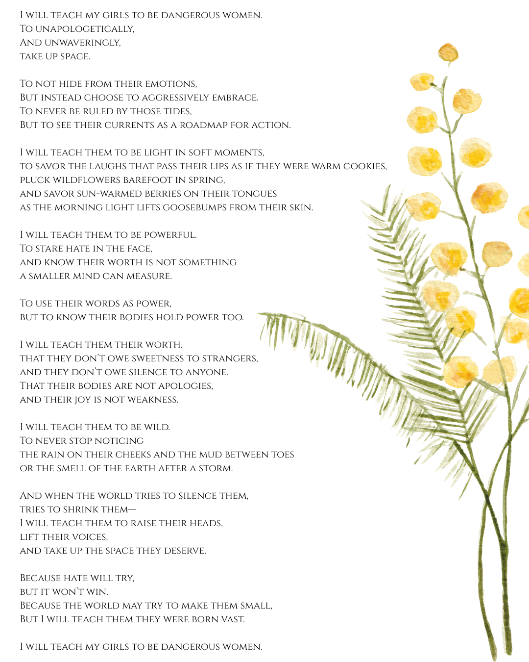 A feminist poem with botanical illustration featuring mimosa flowers on a light background.