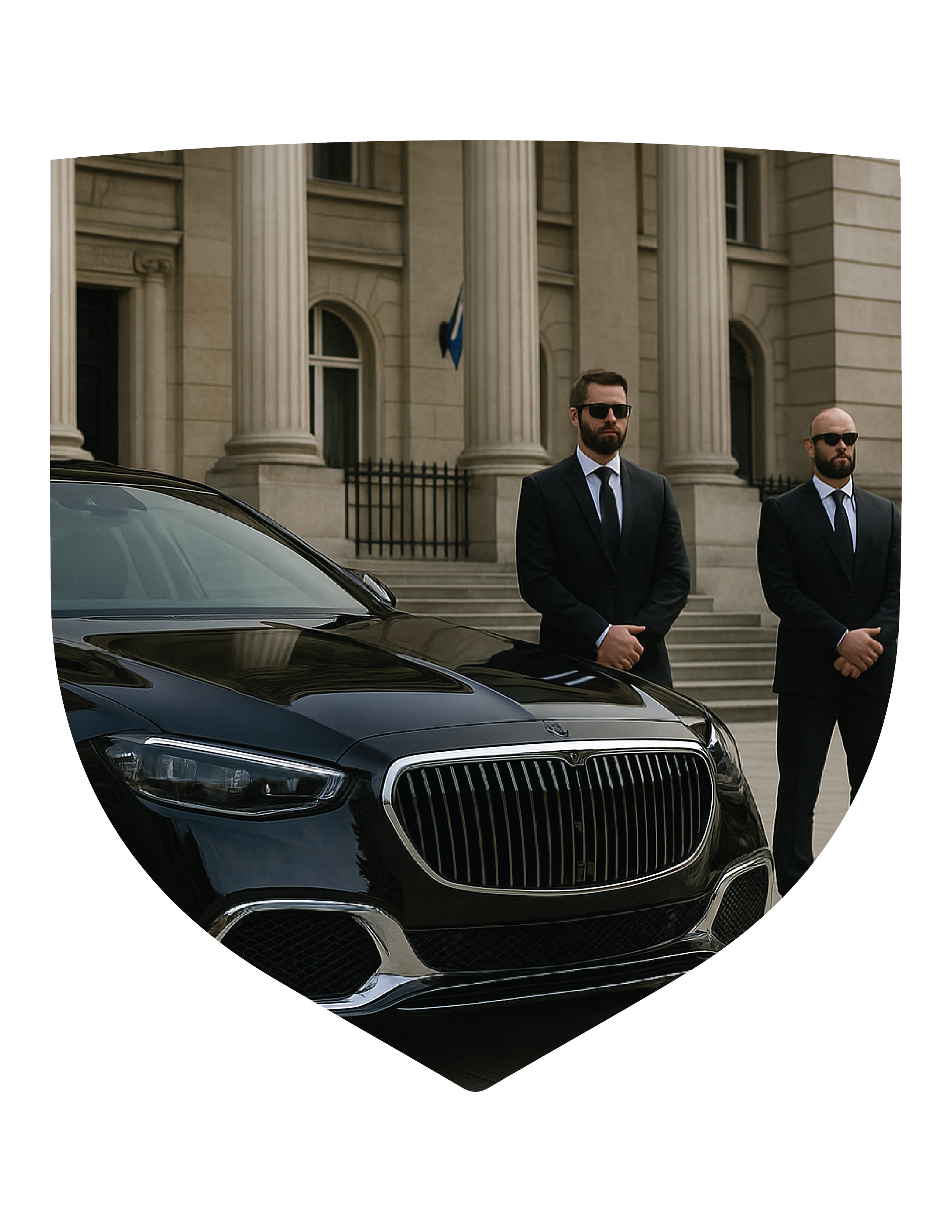 Two men in black suits and sunglasses standing guard in front of a black luxury car outside a building with columns.