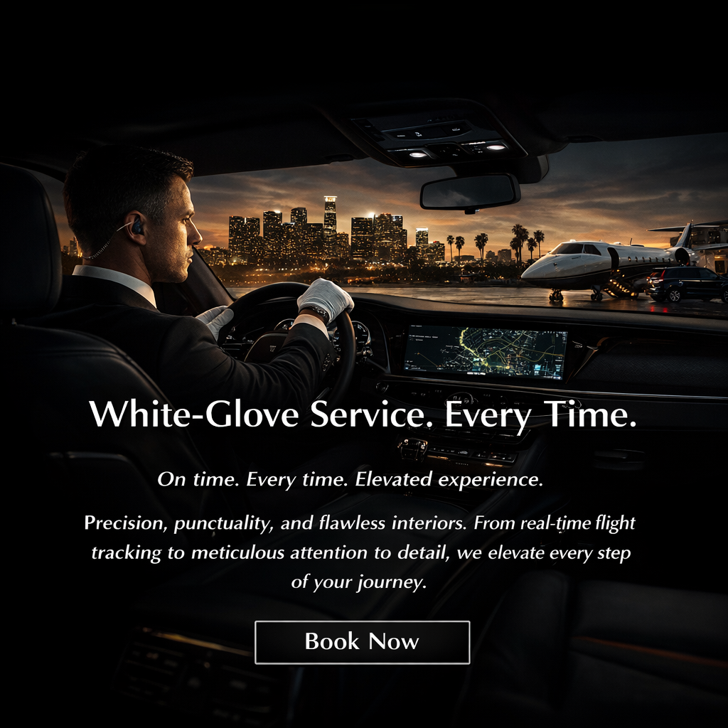 Inside view of a luxurious car with a driver wearing white gloves, city skyline and private planes visible outside at dusk, promotional text overlay for white-glove car service.