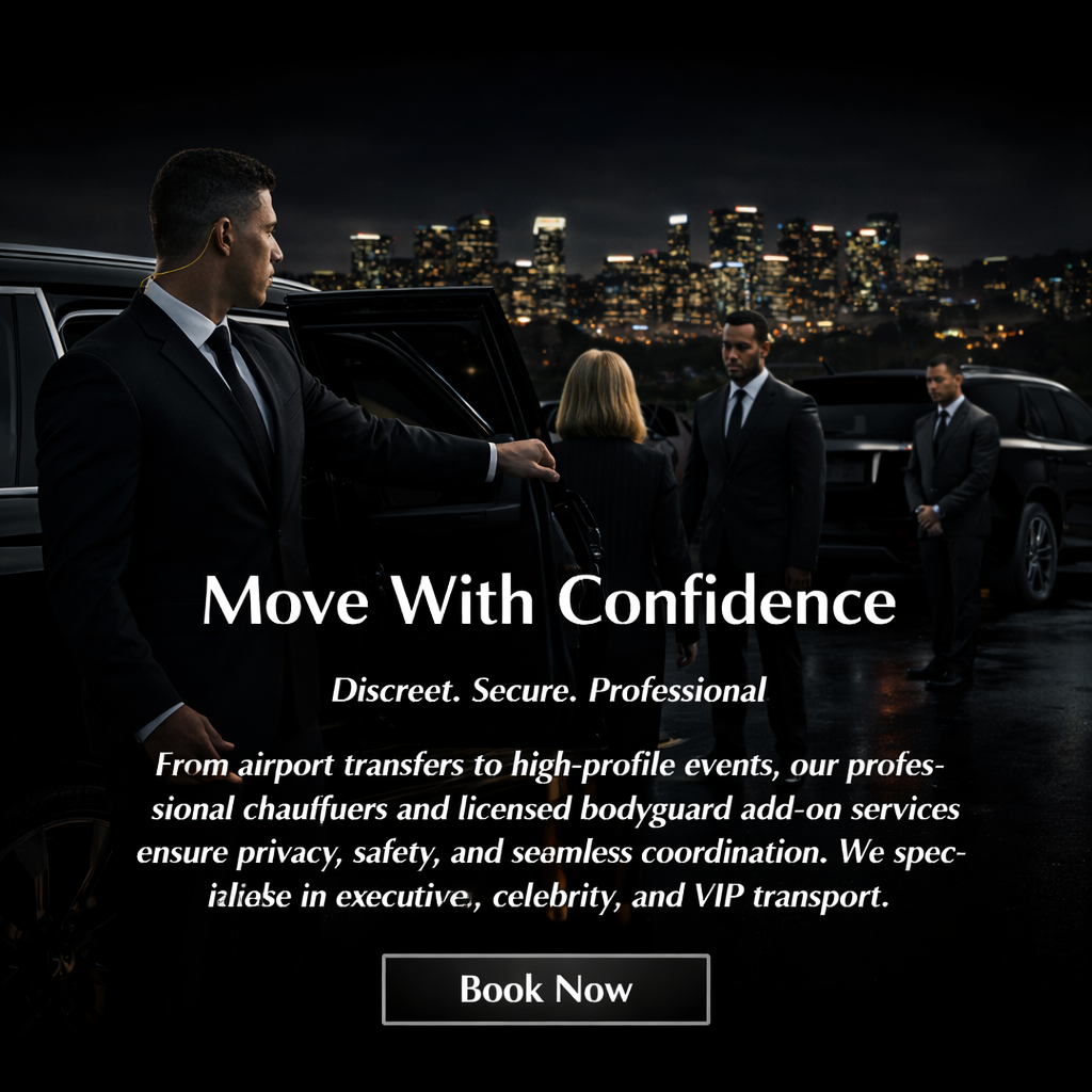 Nighttime scene with four professionally dressed individuals near black SUVs, city skyline in the background. An advertisement overlay reads 'Move With Confidence. Discreet. Secure. Professional. From airport transfers to high-profile events, our professional chauffeurs and licensed bodyguard add-on services ensure privacy, safety, and seamless coordination. We specialize in executive, celebrity, and VIP transport.' A 'Book Now' button is at the bottom.