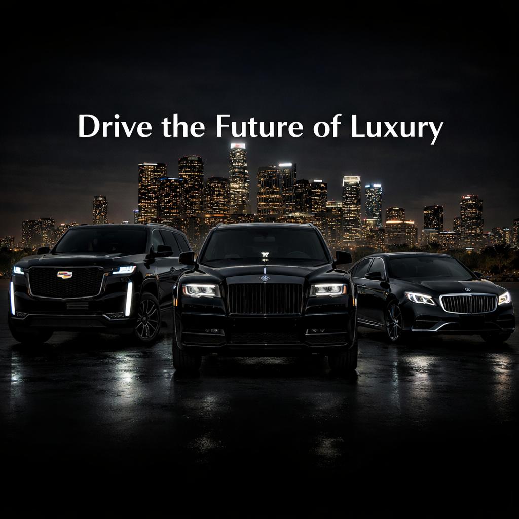 Night cityscape with three luxury cars (Chevrolet, Chrysler, Mercedes-Benz) parked in front, and the text "Drive the Future of Luxury" overlaid.