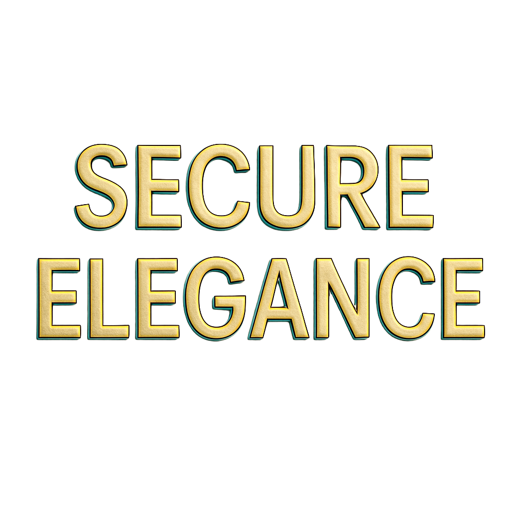 Text reading 'Secure Elegance' in gold 3D letters on a black background.