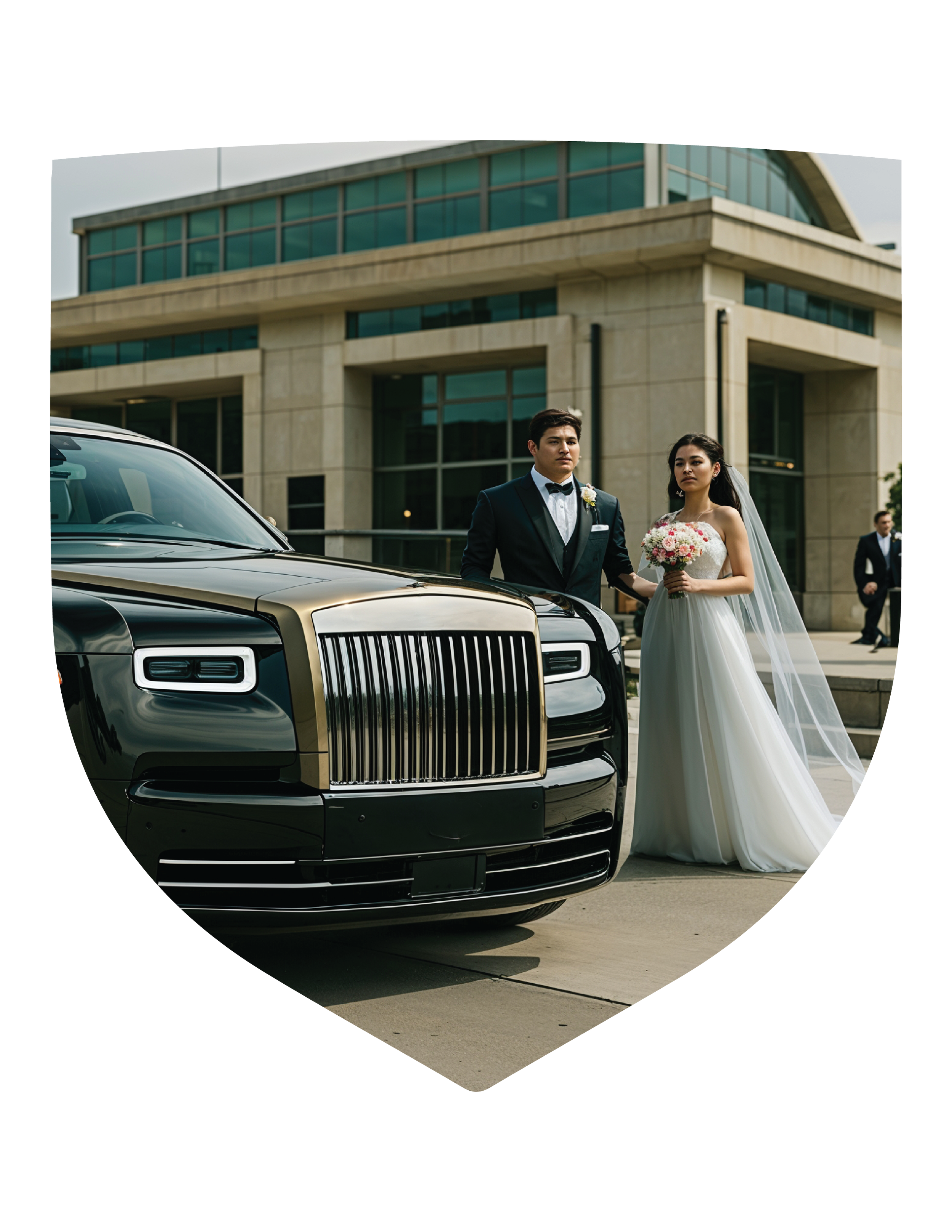 A bride and groom in wedding attire standing next to a black luxury car in front of a modern building, with other wedding guests in the background.