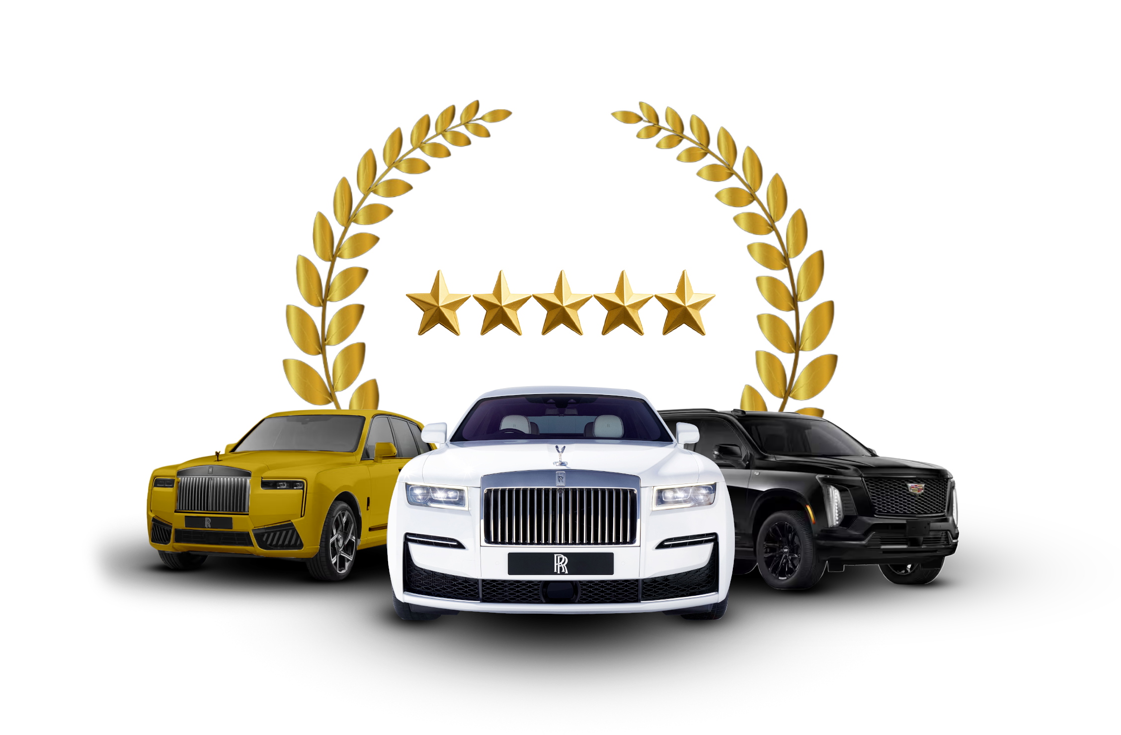 Three luxury cars, yellow, white, and black, with a gold star and laurel wreath decoration behind them.