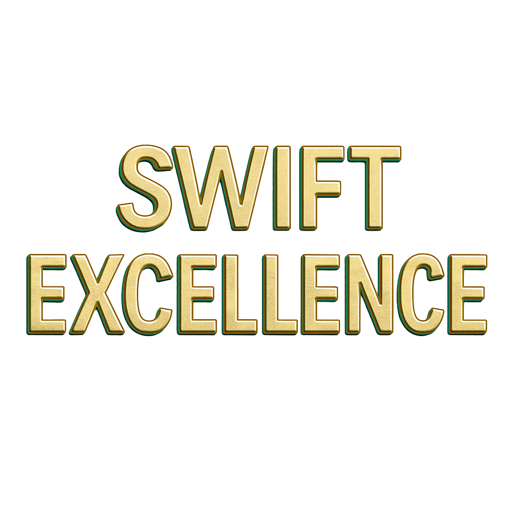 Golden 3D text saying 'SWIFT EXCELLENCE' on a black background.