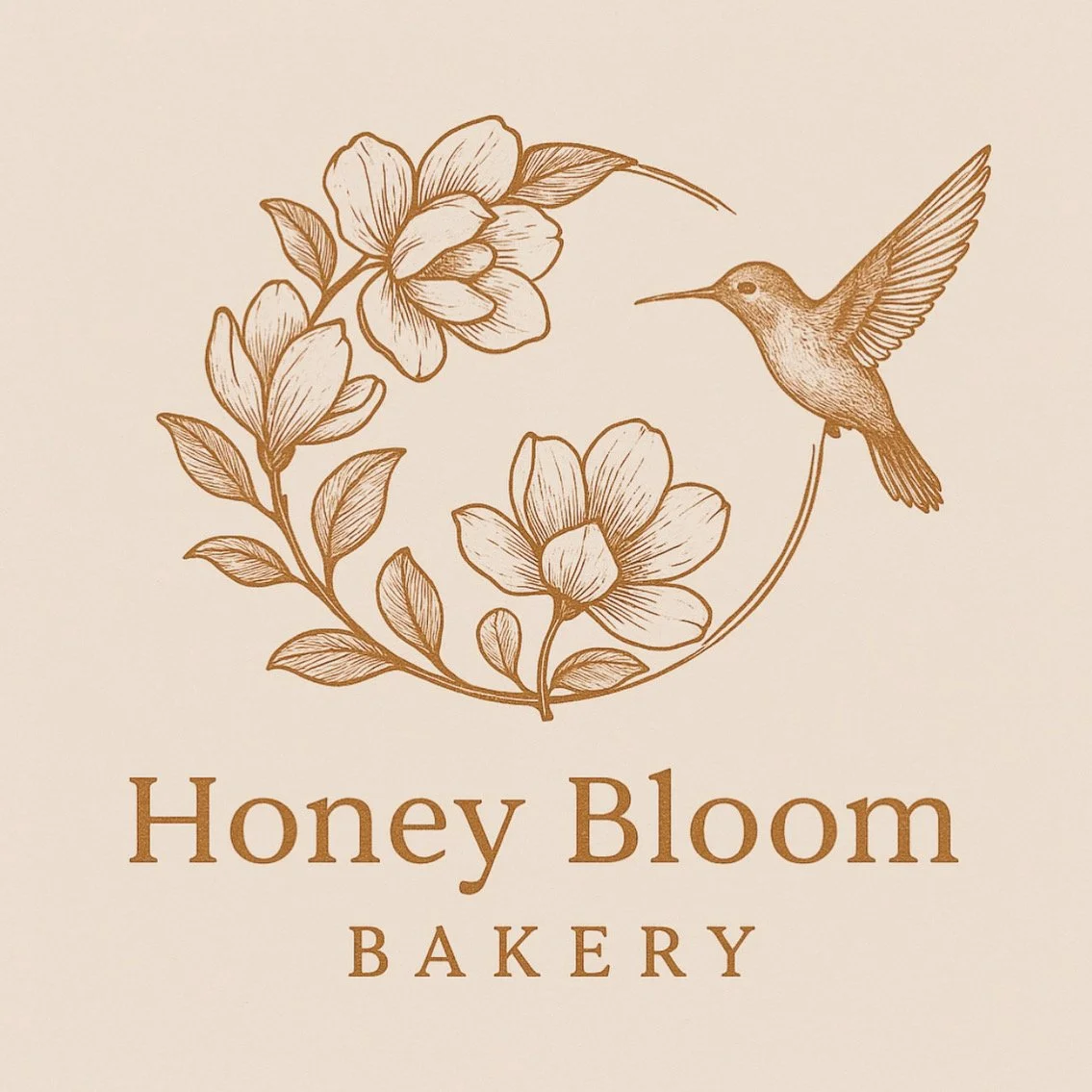 Logo for Honey Bloom Bakery featuring a hummingbird and magnolia flowers in a brown sketch style.