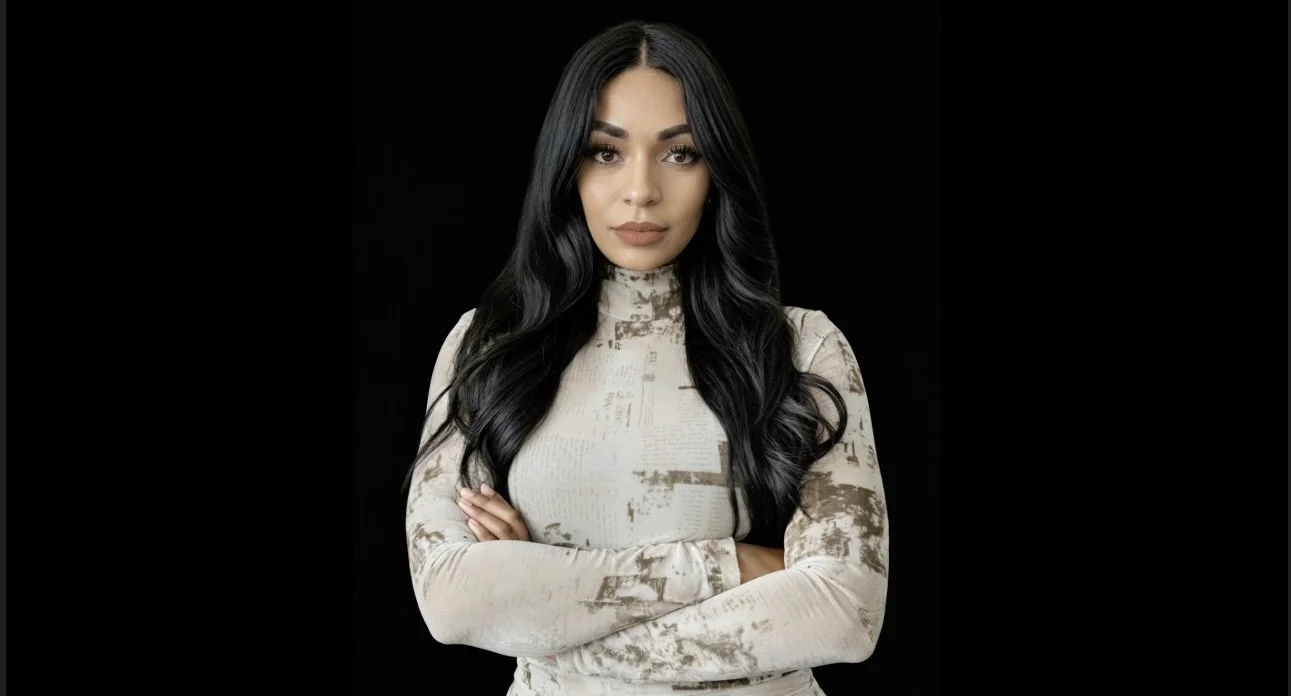 A woman with long black hair and fair skin posing with arms crossed against a solid black background.