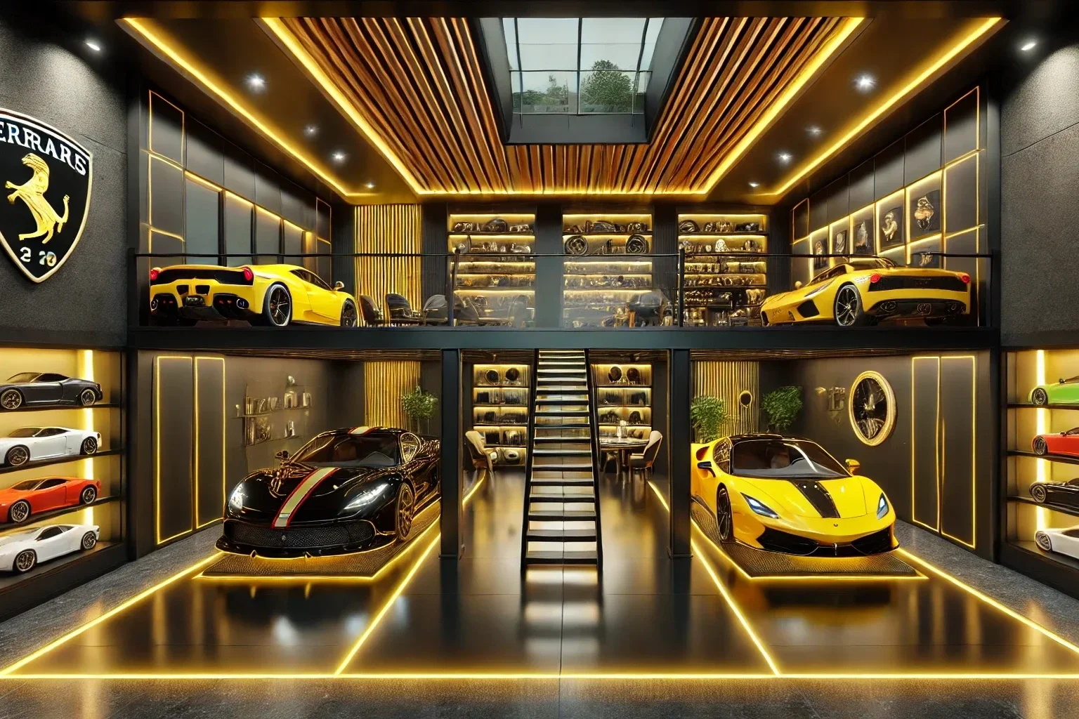 Luxury car showroom with two-story display of high-end sports cars including a black Ferrari with racing stripes on the floor and yellow cars on the upper level. Interior features modern design with warm lighting, wooden accents, and shelves filled with car models and memorabilia.