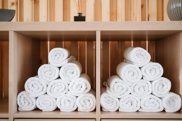 Two stacks of neatly rolled white towels on a wooden shelf.