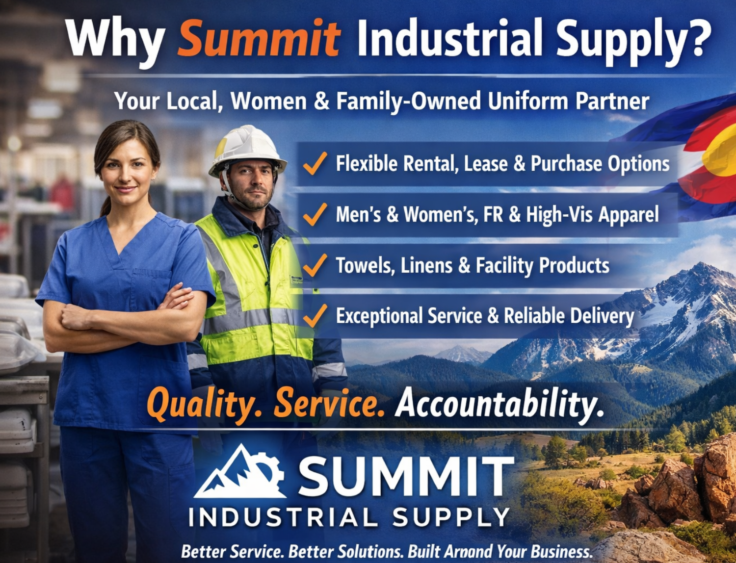 A promotional banner for Summit Industrial Supply featuring a smiling woman in a blue medical uniform and a serious man in a yellow safety vest and helmet standing in a warehouse with shelves and a mountain and landscape background. The banner highlights the company's services such as flexible rental options, branded apparel, towels, linens, facility products, and reliable delivery, emphasizing quality, service, and accountability.