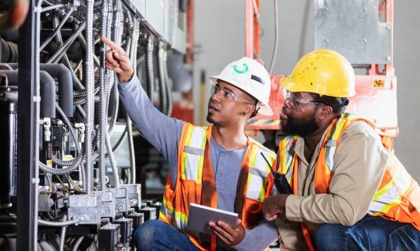 Two male electricians in hard hats and safety vests working on electrical wiring inside a control panel, one pointing at the wires and the other taking notes.
