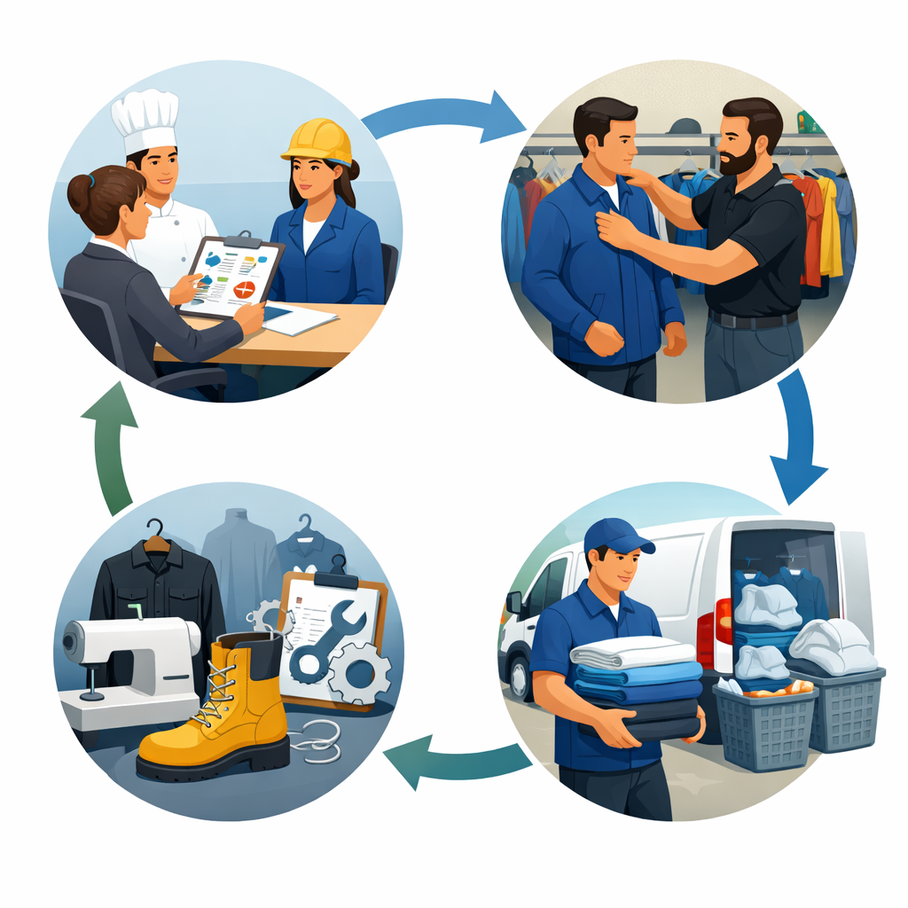 A cycle of clothing manufacture and retail: professionals planning clothing designs, a man trying on a jacket in a store, clothes being packed into delivery vans, and workers preparing clothing items for production.
