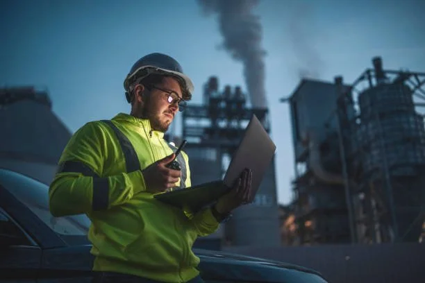 A male industrial worker in safety gear working outdoors at an industrial plant, with smoke stacks emitting smoke in the background.