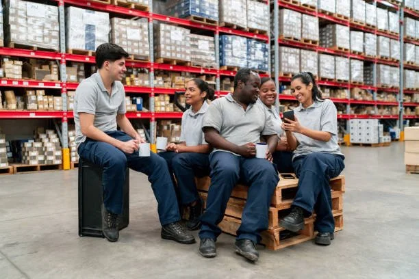 Five warehouse employees sitting on pallets in a storage area, smiling and looking at a phone together.