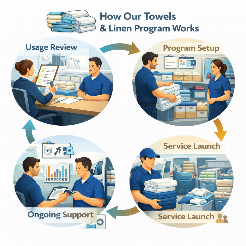 An infographic explaining the process of a towel and linen program, including setup, launch, ongoing support, and usage review, with illustrations of people handling towels and linens.