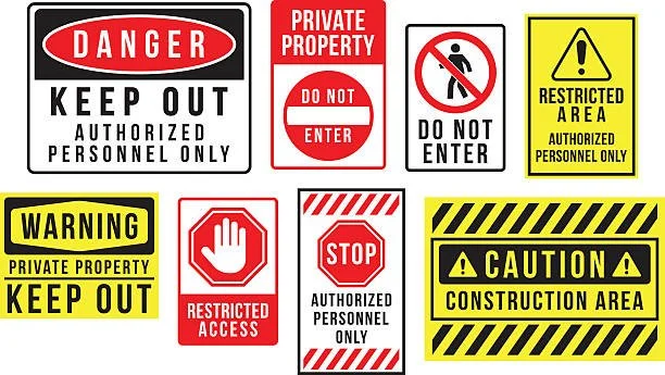Collection of safety and warning signs, including danger, private property, do not enter, restricted area, warning private property keep out, restricted access, stop authorized personnel only, caution construction area.