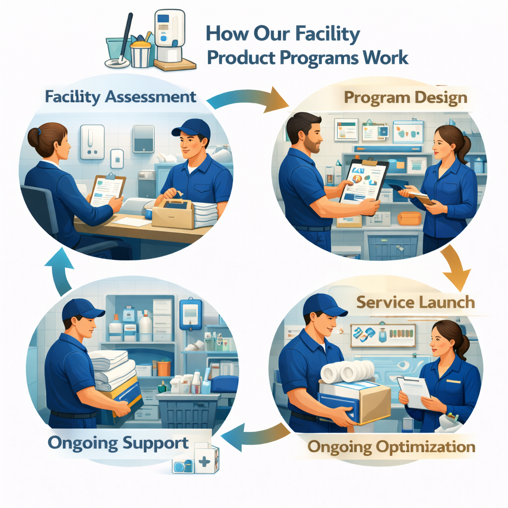 Flowchart illustrating how a facility's product programs work, including steps of facility assessment, program design, service launch, ongoing optimization, and ongoing support, with nurses and staff interacting in each step.