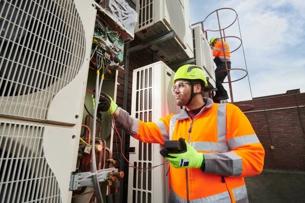 Technicians in safety gear repairing HVAC units on a rooftop.