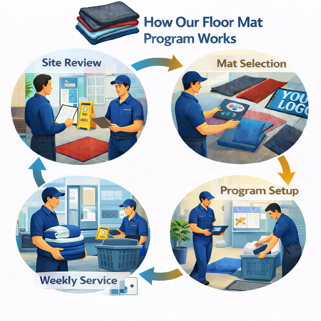 Illustration showing a flowchart for a floor mat program. It includes four stages: site review with two men discussing, mat selection with a person examining samples, program setup in an office with a person preparing documents, and weekly service with a worker handling cleaning supplies. The stages are connected with arrows.