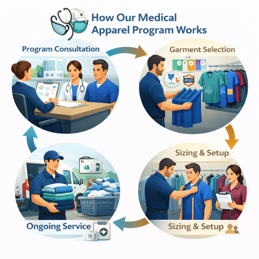 A diagram showing the process of a medical apparel program consisting of four steps: Program Consultation with a healthcare professional, Garment Selection at a store, Sizing and Setup with a fitting, and Ongoing Service with the delivery of medical uniforms.