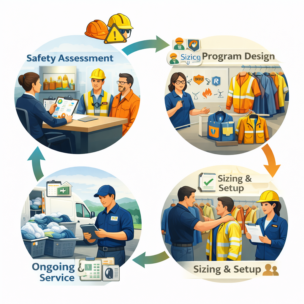 A diagram illustrating the process of safety assessment and workwear management, including safety assessment, program design, sizing and setup, and ongoing service, with illustrations of people conducting assessments, designing programs, fitting sizing, and delivering safety gear.